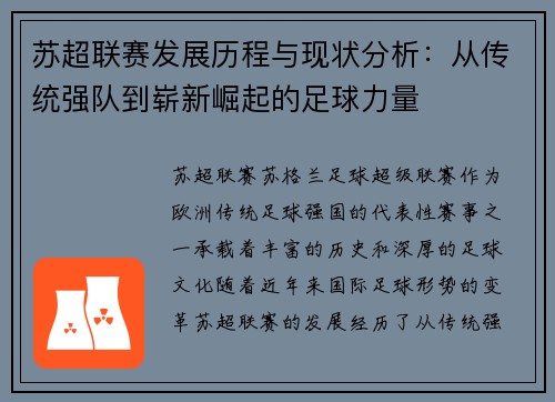 苏超联赛发展历程与现状分析：从传统强队到崭新崛起的足球力量