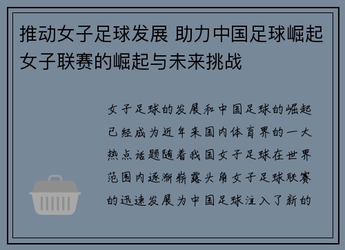 推动女子足球发展 助力中国足球崛起女子联赛的崛起与未来挑战