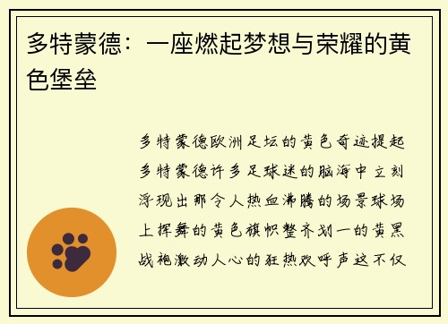多特蒙德：一座燃起梦想与荣耀的黄色堡垒